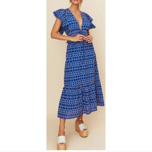 O.p.t Women Blue / White Tiered Maxi dress with V Neckline and Flutter Sleeves L - Picture 14 of 16